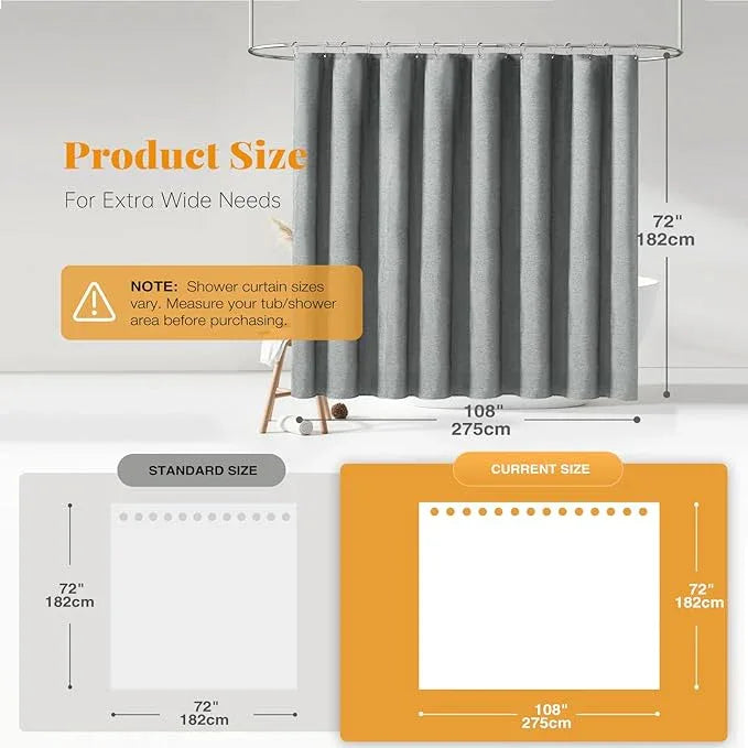 BTTN Extra Wide Shower Curtain - 108x72 Inch Linen Textured Waterproof Fabric Shower Curtain Set with 18 Plastic Hooks, Large Modern Neutral Cloth Shower Curtains for Bathroom and Bathtub - Grey/Gray - ModernBath
