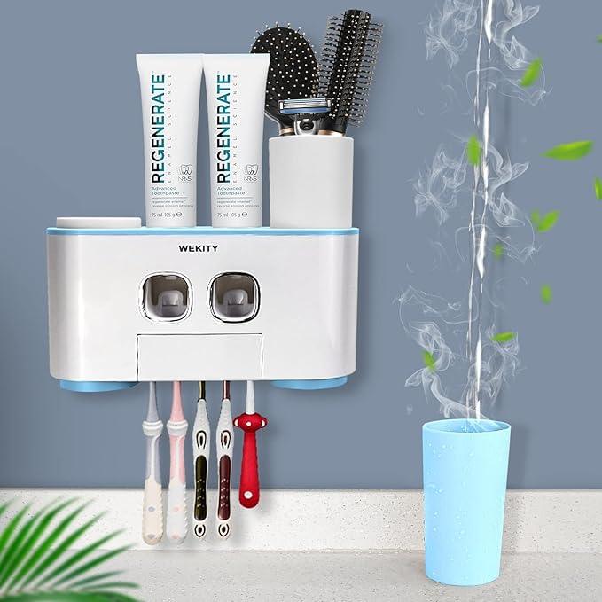 Toothbrush Holder Wall Mounted, WEKITY Multi-Functional Toothbrush and Toothpaste Dispenser for Bathroom, with 5 Toothbrush Slots, 2 Toothpaste Squeezers and 4 Cups(Blue) - ModernBath
