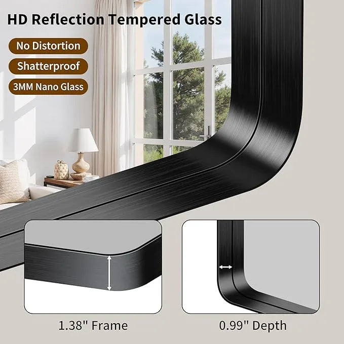 FORBATH 72x36 Inch Oversized Bathroom Mirror for Double Sinks, Brushed Black Deep Frame Full Length Wall Mirror with Rounded Corners, Anti-Rust Tempered Glass (Horizontal/Vertical) - ModernBath