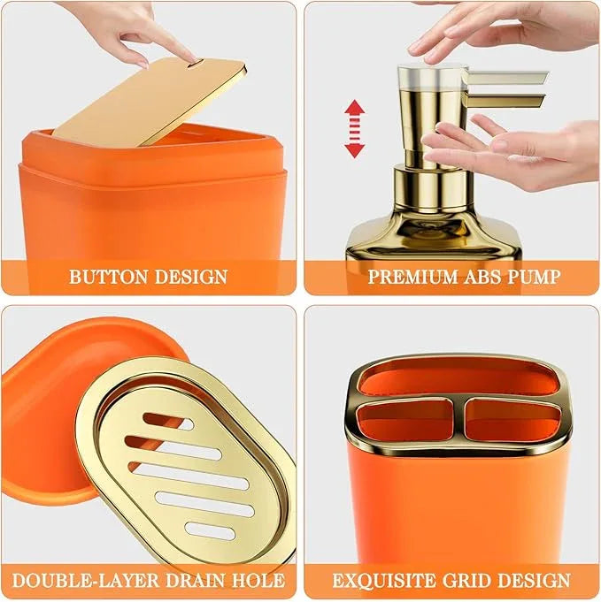 XLHOMO Bathroom Accessories Set - 25PC Bathroom Set with Shower Curtain and Rugs, Orange Bathroom Set, Bathroom Accessory Set with Press-on Lid Trash Can, Soap Dispenser and Qtip Holders - ModernBath