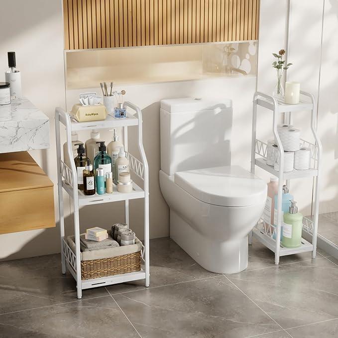 HapiRm Bathroom Shelf Unit Organizer - 3 Tier Expandable Narrow Shelf, Metal Free-Standing Shelves, Open Floor Rack Slim Storage Cabinet, Ideal for Bathroom, Laundry, Kitchen Organization (White) - ModernBath