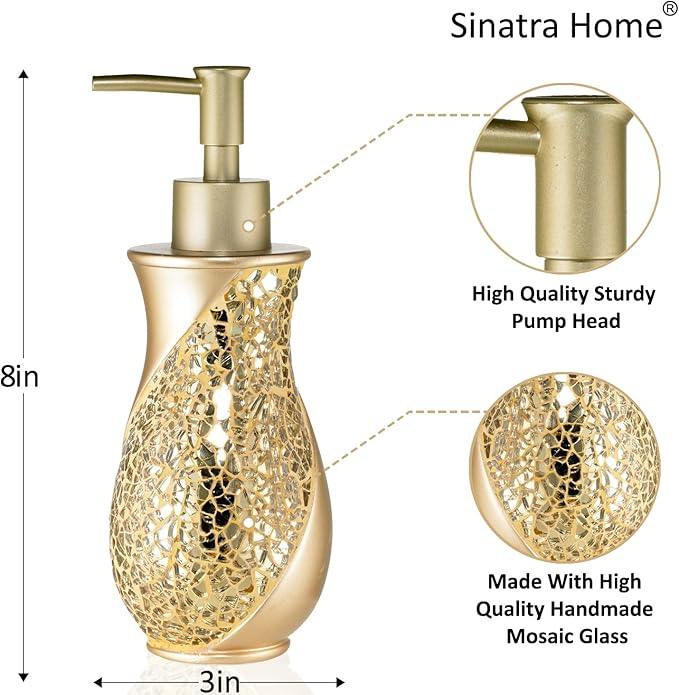 Zahari Home 4pc Sinatra Stylish Bathroom Accessories Set Champagne Gold Soap Dispenser Pump, Tumbler, Tooth Brush Holder and Soap Dish Modern Decor Bling Mosaic Glass Gold Bathroom Accessories - ModernBath