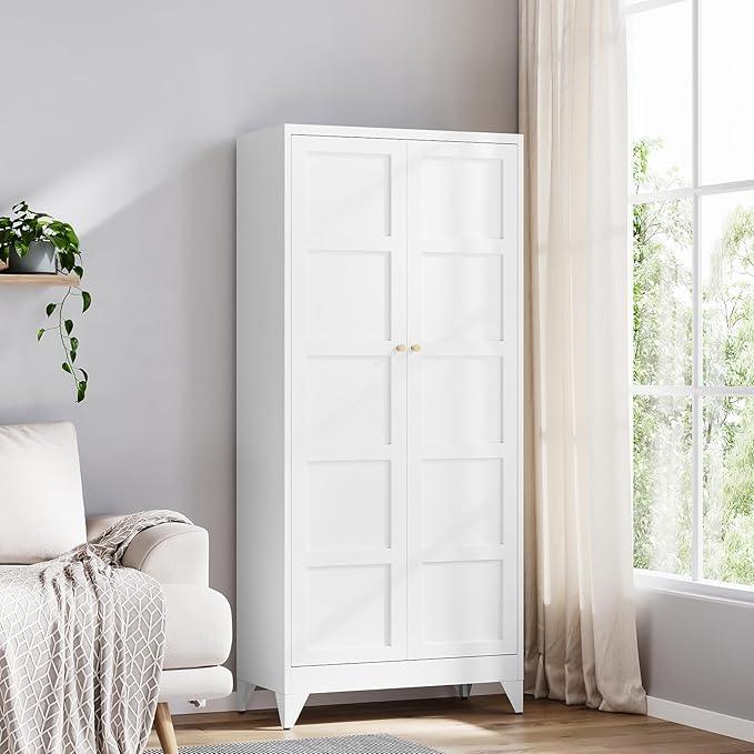 Yizosh Metal Storage Cabinet with 2 Doors and 4 Adjustable Shelves,- 71" White Kitchen Pantry Storage Cabinet for Kitchen,Dining Room,Living Room - ModernBath