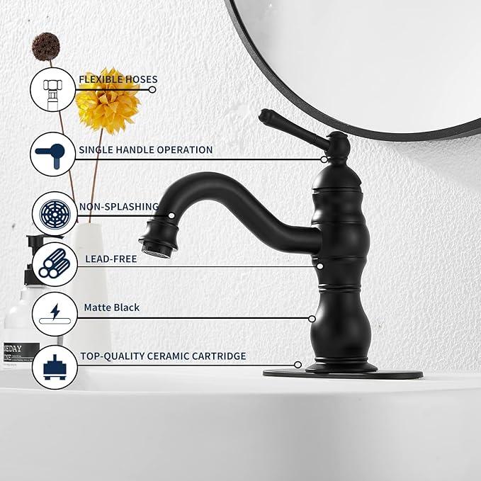 Matte Black Bathroom Faucet GGStudy 360° Swivel Bathroom Vanity Faucet Single Handle One Hole Black Bathroom Sink Faucet Basin Matching Pop Up Drain with Overflow - ModernBath