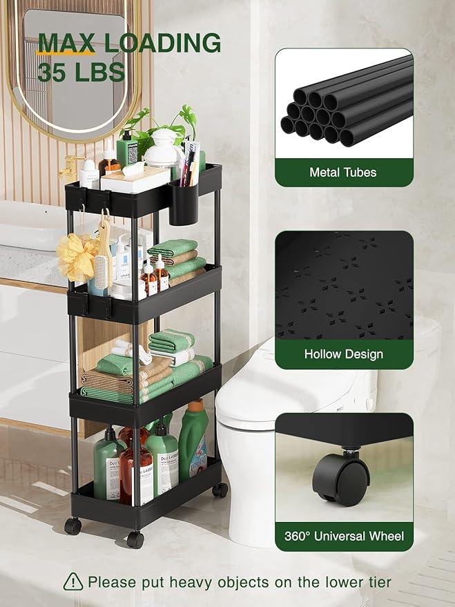 LEHOM Slim Rolling Storage Cart - 4 Tiers Bathroom Organizer Utility Cart Slide Out Storage Shelves Mobile Shelving Unit for Kitchen, Bedroom, Office, Laundry Room, Small Narrow Spaces（7.1" W+Black） - ModernBath