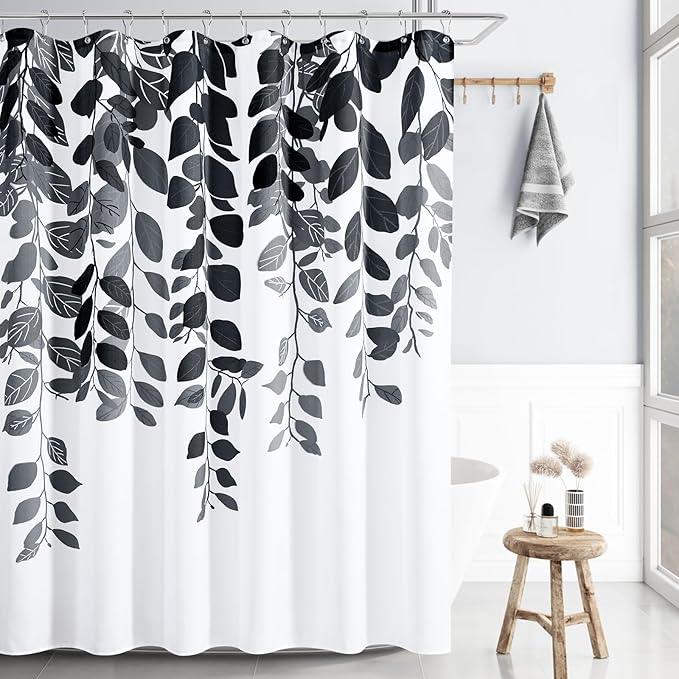 BOODII Black Floral Shower Curtain for Bathroom Black and White Eucalyptus Shower Curtain Watercolor Leaves Nature Botanical Bathroom Set Mens Flower Plant Bath Decor with Hooks 72x72 - ModernBath