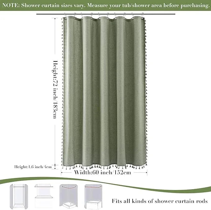 Nanspring Stall Sage Green Boho Linen Shower Curtain 60 Inches Textured Chic Tassel Fabric Farmhouse Cottagecore Bath Curtain Set with Hooks Solid Neutral Shower Curtain for Bathroom 60x72, Green - ModernBath