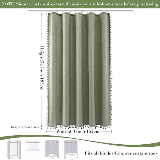 Nanspring Stall Sage Green Boho Linen Shower Curtain 60 Inches Textured Chic Tassel Fabric Farmhouse Cottagecore Bath Curtain Set with Hooks Solid Neutral Shower Curtain for Bathroom 60x72, Green - ModernBath