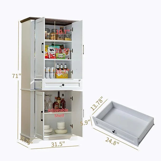 71" White Tall Pantry Cabinet with Drawer and Adjustable Shelves, Modern Storage Cabinet with Doors, Kitchen Buffet Cabinet, Food Pantry Storage Cabinet, Coffee Bar, Living Room and Dining Room - ModernBath