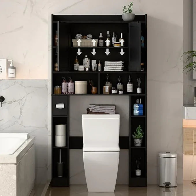 Farmhouse Storage Cabinet Over Toilet with Barn Doors，Over The Toilet Storage Cabinet, Home Space-Saving Toilet Rack, for Bathroom, Restroom, Laundry.Pure Black - ModernBath