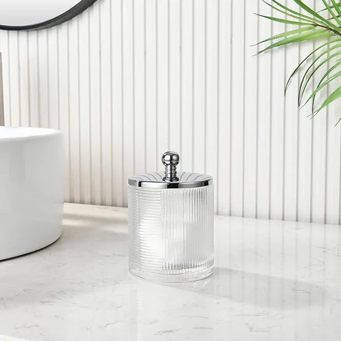 Indecor Home Clear Transparent Apothecary Ribbed Geometric Etched Glass Jar W/Silver/Chrome Metal Lid Cover for Bathroom Organization, Cotton Balls, Q Tips, and Small Accessories, Bathroom Storage - ModernBath