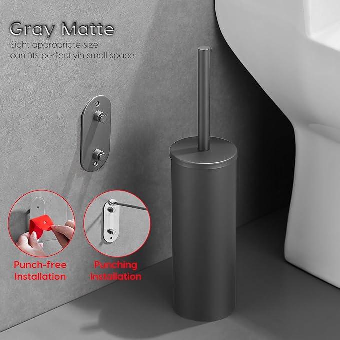 Stainless Steel Toilet Brush and Holder Set, No-Punch Hook Base Dual Purpose Toilet Brush Holder with Removable Inner Bucket and Splash Cover - Soft Bristles (Gray) - ModernBath