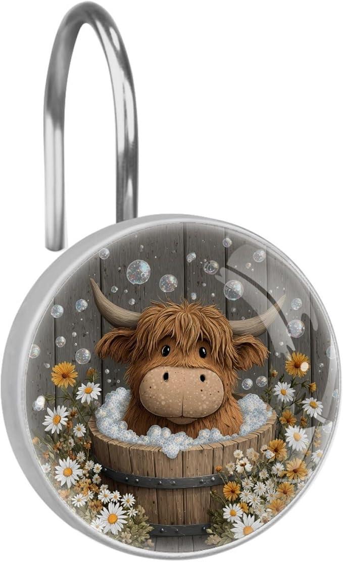 Rural Farmhouse Bathing Highland Cow Shower Curtain Hooks, 12Pcs Decorative Rust Resistant Shower Rings for Shower Curtain Rods, Stainless Steel Round Curtain Hooks for Bathroom, Bedroom - ModernBath