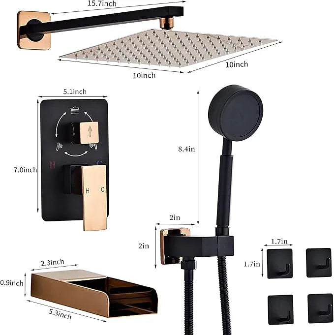 RTTWYYUU Black Gold Shower Tub Faucet Set, Wall Mounted 8 Inch Shower Heads with Handheld Spray Combo and Tub Shower Faucet, Luxury Bathroom Square Rain Shower System - 4 Hooks - ModernBath