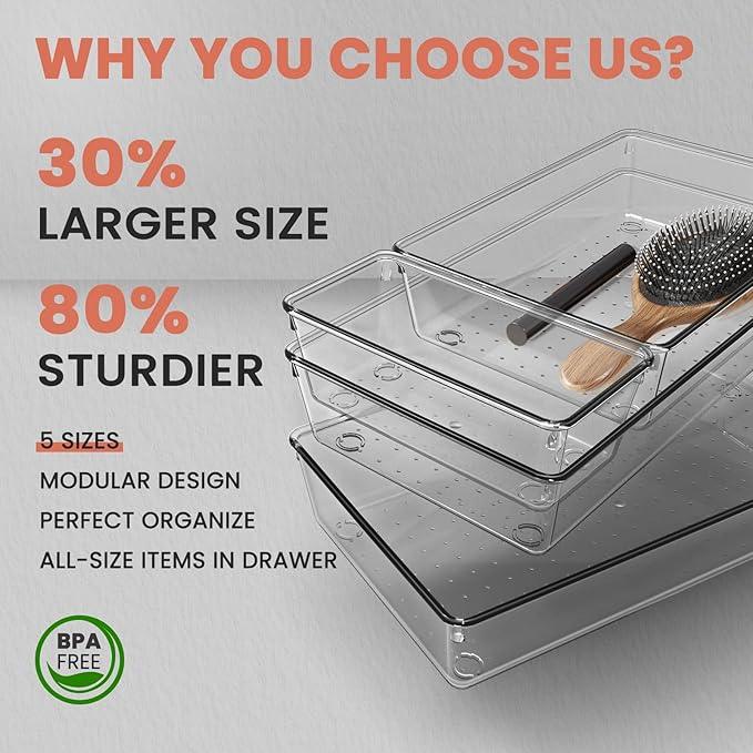 Large Clear Plastic Drawer Organizer 28 Pack - 5 Sizes (XL to small) Acrylic Drawer Organizer Trays for Kitchen Utensils, Gadgets, Bathroom, Vanity and Makeup, Office - Everything Can Be Organized! - ModernBath