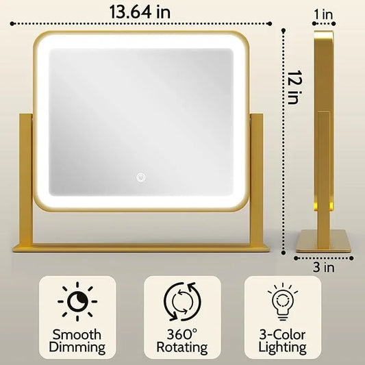 ROLOVE Gold Lighted Makeup Mirror, 14"x12" Vanity Mirror with Smart Touch Control, 3-Color Dimmable Lighting, 360° Rotation for Desk or Bedroom - ModernBath