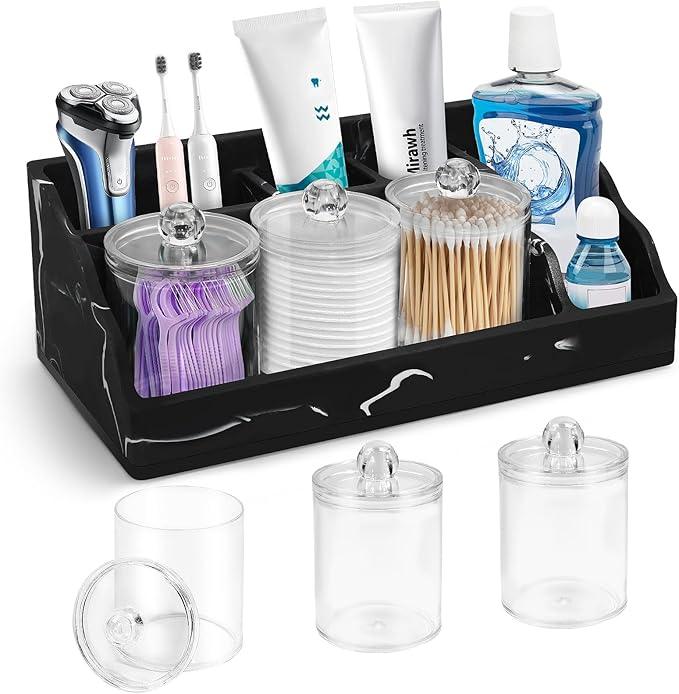 Marble Bathroom Countertop Organizer, Black Toothbrush Holders for Bathrooms Counter Organizer with 3PCS Qtip Dispenser, Toothbrush and Toothpaste Holder for Bathroom Organization Vanity Storage - ModernBath