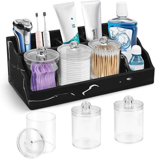 Marble Bathroom Countertop Organizer, Black Toothbrush Holders for Bathrooms Counter Organizer with 3PCS Qtip Dispenser, Toothbrush and Toothpaste Holder for Bathroom Organization Vanity Storage - ModernBath