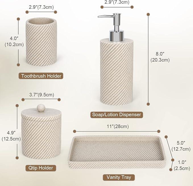 Beige Bathroom Accessories Set 4 Pcs - Toothbrush Holder,Lotion Soap Dispenser,Qtip Holder Dispenser,Vanity Tray for Countertop Vanity Organizer,Bathroom Accessory Set - ModernBath
