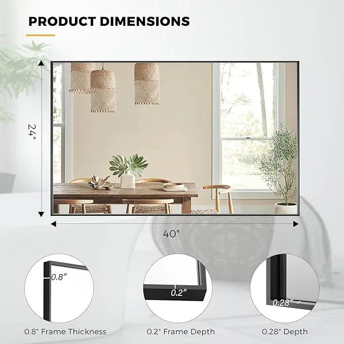 Bonverre 24x40 Inch Black Bathroom Mirror for Wall, Aluminum Frame Rectangle Rectangular Vanity Mirror, Modern Large for Bedroom, Living Room, Horizontal or Vertical - ModernBath