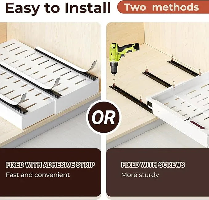 Pull Out Cabinet Organizer, 2 Pack Slide Out Drawer Expandable Width (10"-16") and Depth (17"-25") With 3 Slides, Fixed with Adhesive Film or Nail for Cabinets in Kitchen, Pantry or Bathroom - ModernBath