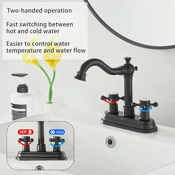 GGStudy Bathroom Faucet Matte Black 2 Handles 4 Inches Centerset Black Bathroom Vanity with Drain Assembly and Supply Hose Lavatory Faucet - ModernBath