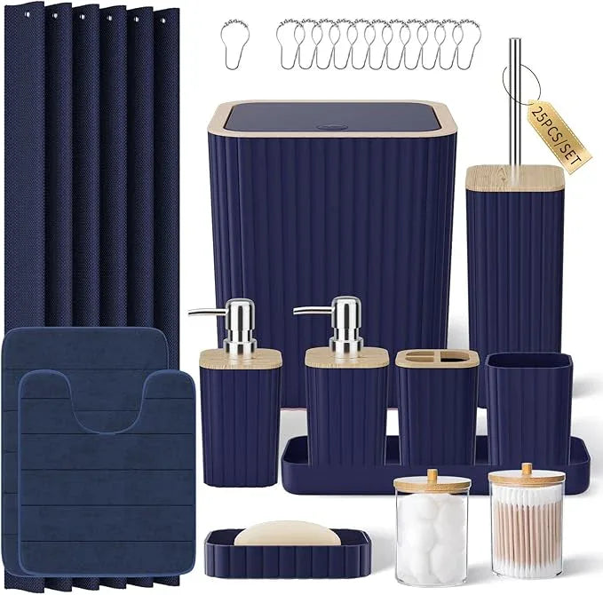 XLHOMO Bathroom Set - 25PC Blue Bathroom Set with Shower Curtain and Rugs, Bathroom Accessories Set, Blue Shower Curtain Set with Bathroom Trash Can - ModernBath