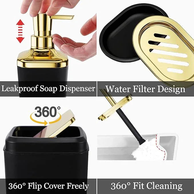 XLHOMO Black Bathroom Set, Bathroom Sets with Stripe Shower Curtain, Black and Gold Bathroom Accessories with Trash Can, Soap Dispenser, Soap Dish, Toilet Brush Holder, Qtip Holders for Bathroom - ModernBath
