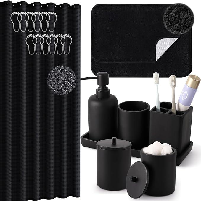 21 Pcs Bathroom Accessory Set with Waterproof Shower Curtain and Non Slip Mat,Resin Bath Set with Toothbrush Holder and Lotion Soap Dispenser,Bathroom Countertop Organizer Set for Home Apartment - ModernBath