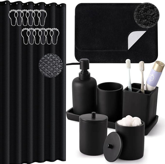 21 Pcs Bathroom Accessory Set with Waterproof Shower Curtain and Non Slip Mat,Resin Bath Set with Toothbrush Holder and Lotion Soap Dispenser,Bathroom Countertop Organizer Set for Home Apartment - ModernBath
