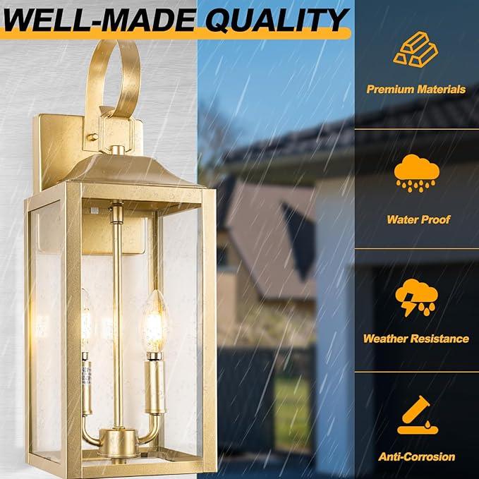 19" Gold Outdoor Wall Lantern 2-Light, Large Modern Wall Sconce Light Fixture, Industrial Porch Light with Glass, Waterproof Farmhouse Exterior Lamp (1 Pack) - ModernBath