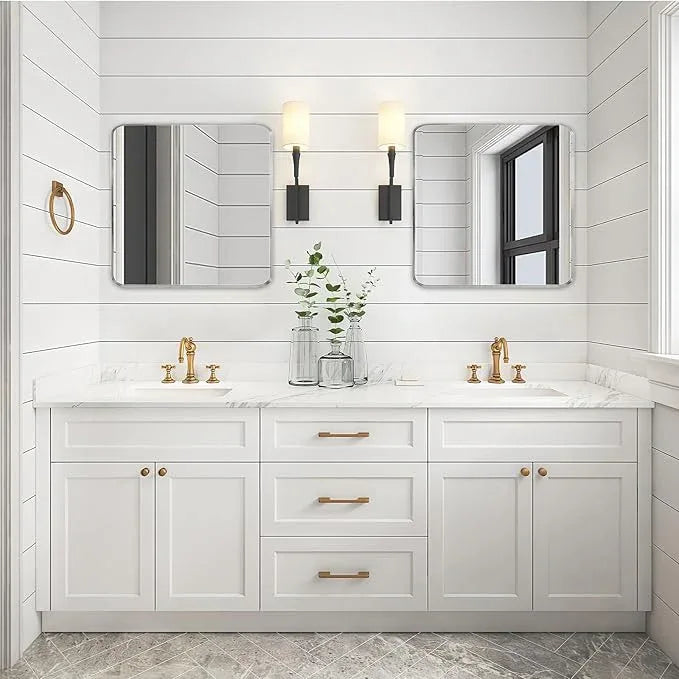 Minuover Wall Mount Mirror for Bathroom, Brush Silver Metal Framed Rounded Corner Square Rectangular Vanity Mirror (30" x 30", Silver) - ModernBath