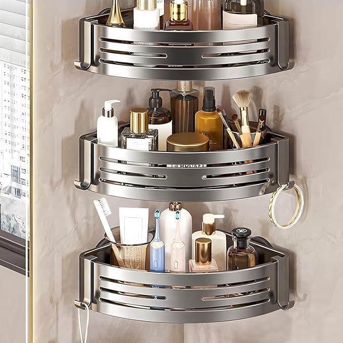 Corner Shower Caddy Suction Cup,Shower Shelves with Hooks,No Drilling Powerful Suction Bathroom Organizers and Storage,Removable Waterproof Rustproof Shower Bathroom Accessories Decor(Grey 3Pack) - ModernBath