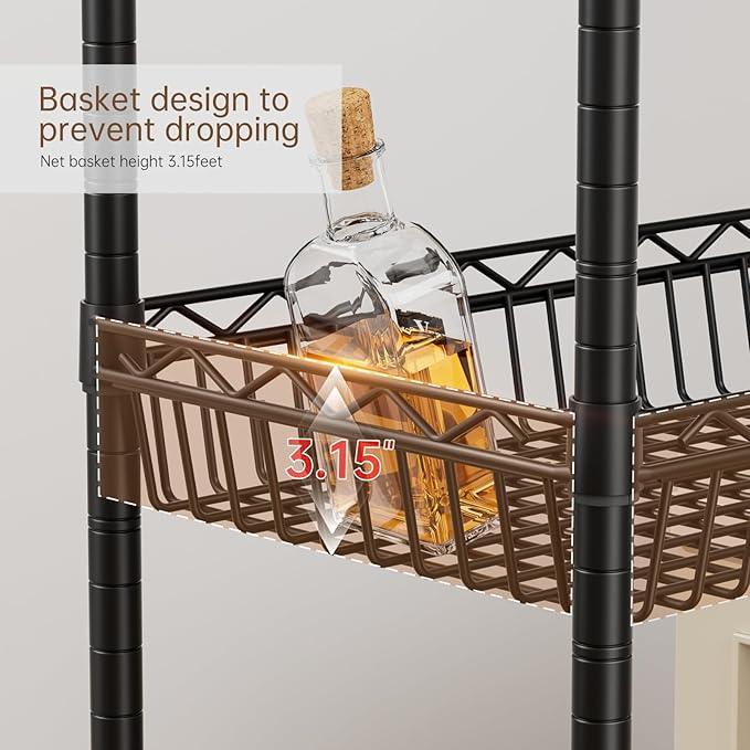 6 Shelves Storage Shelf Wire Closet Bathroom Organizers Metal Pantry Kitchen Garage Shelving Unit Laundry Room Organization Home Rack Net Basket Black with Wheels 30" Dx14 Wx65 H - ModernBath
