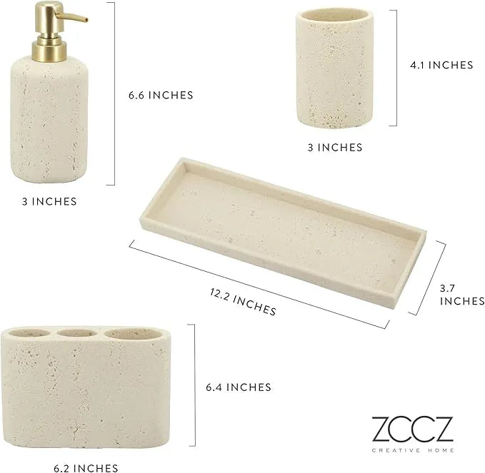 ZCCZ -Beige Bathroom Accessories Set 4 Pcs - Toothbrush Holder, Soap Dispenser, Vanity Tray, Bathroom Tumbler - Countertop Vanity Organizer - Bathroom Accessory Set- Toothbrush Holder Set, Stone Sets - ModernBath