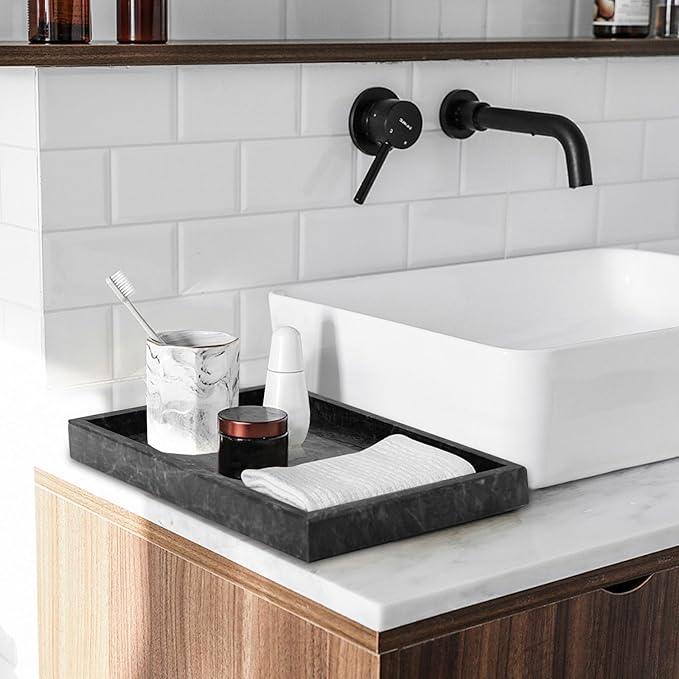 MULWR Marble Bathroom Tray,Pure Natural Vanity Tray,Marble Trays for Kitchen Counter Non-Ceramic/Non-Resin,Stone Tray 12 x 8 inch (Black) ﻿ - ModernBath
