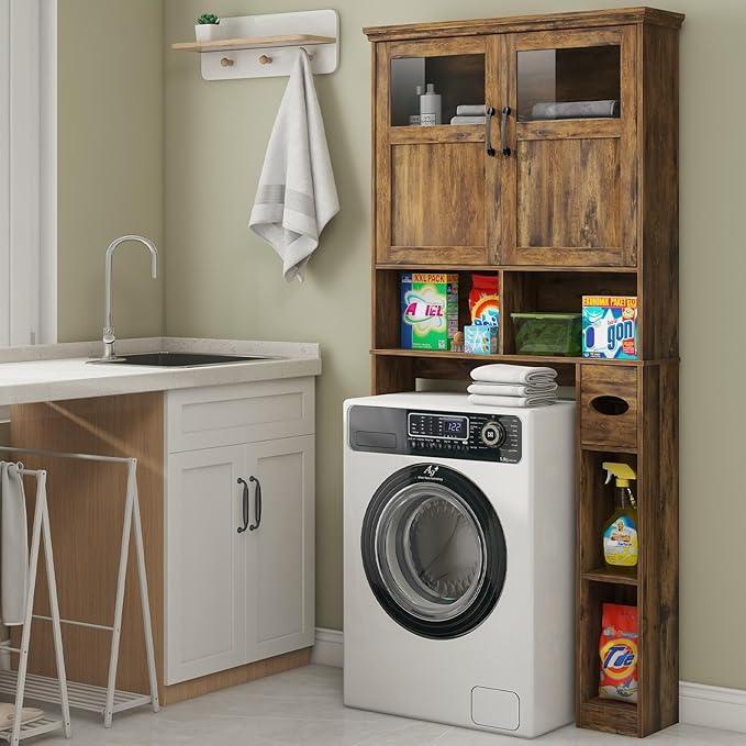 Vabches Over The Toilet Storage Cabinet With Double Doors & Paper Holder Stand, Freestanding Shelf Space Saver With Anti-Tip Design & Adjustable Shelf, Brown - ModernBath