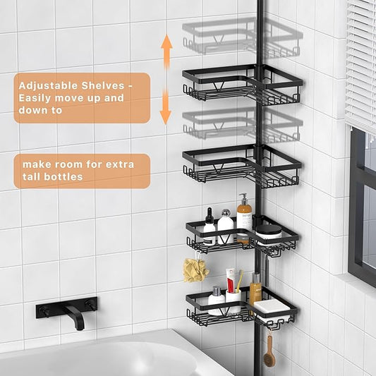KEGII Corner Shower Organizer, 6-Tier Tension Pole Shower Caddy, Black Floor Standing Corner Shelf for Shower 25-114.2 inch, Waterproof and Rustproof
