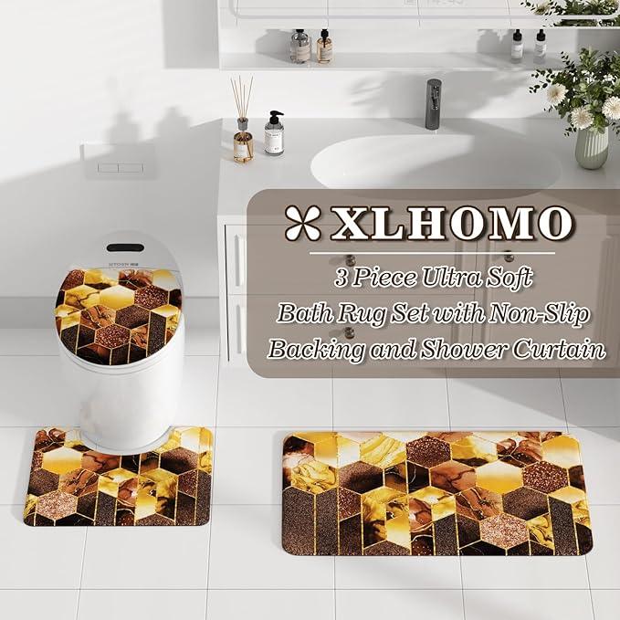 XLHOMO Bathroom Sets with Shower Curtain and Rugs - 4PC Brown Geometric Shower Curtain Set with 12 Hooks, Toilet Cover, U-Shaped Mat and Rugs Modern Abstract Bathroom Accessories for Bathroom - ModernBath