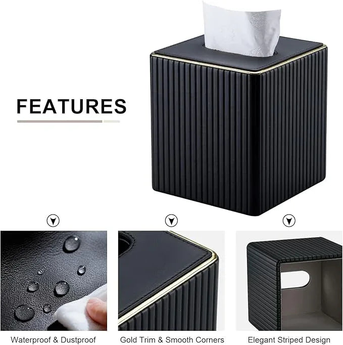 KINGFOM Tissue Box Cover, PU Leather Square Tissue Box Holder for Kleenexs with Magnetic Bottom Cover for Facial Tissues/Napkins, Office & Living Room Decor Box Black - ModernBath