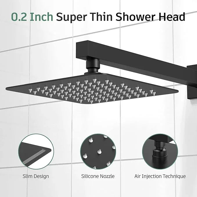 SunCleanse Matte Black Shower Faucet Set with Valve, 8 Inch Square Shower Head and Handle Set, Single Handle Shower Trim Kit with Extra Long Shower Arm - ModernBath