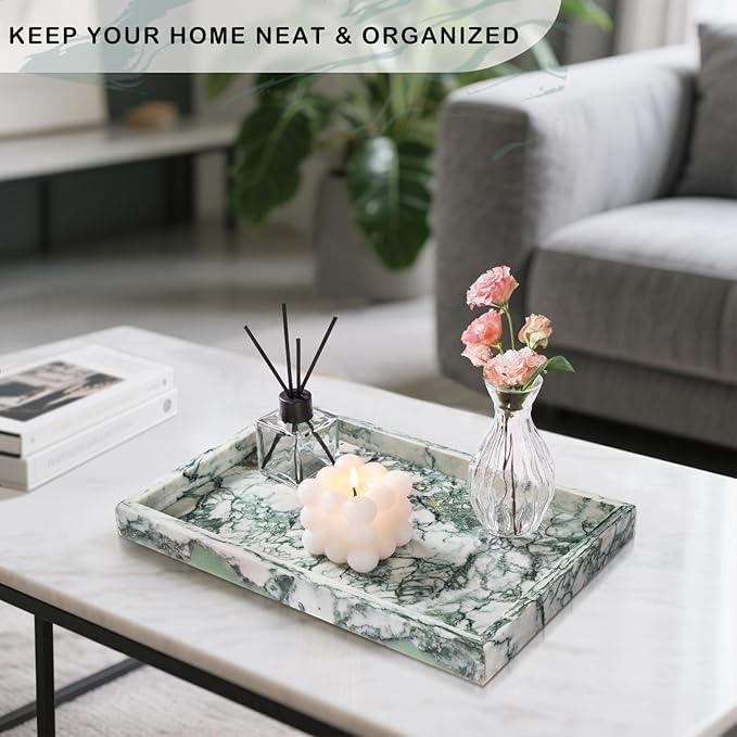Homaura Marble Bathroom Tray for Countertop & Home Decor, Natural Decorative Marble Tray for Jewelry & Perfume Organizer, Luxury Stone Vanity Trays for Dresser, Kitchen Counter, 12" x 8", Jade Green - ModernBath