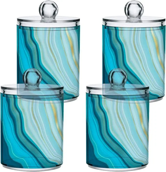 BOENLE 2 Pack Qtip Holder Dispenser Teal Turquoise Blue Marble Bathroom Storage Canister Lid Acrylic Plastic Apothecary Jar Set Vanity Makeup Organizer for Cotton Swab/Ball/Round Pads, Floss - ModernBath