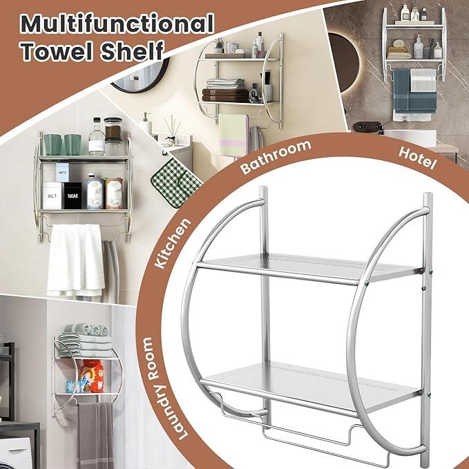 GOFLAME Wall Mounted Bathroom Shelf, 2-Tier Chrome Towel Rack with Leaky Design Shelves, Towel Bars, Chrome Bathroom Shelf for Living Room Kitchen Bathroom (1, Silver) - ModernBath
