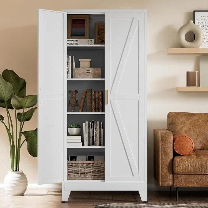 COFaR 5 Tier Metal Farmhouse Storage Cabinet with 2 Barn Door, 4 Adjustable Shelves and Legs, for Kitchen, Dining Room, Bathroom, Living Room, Office - ModernBath