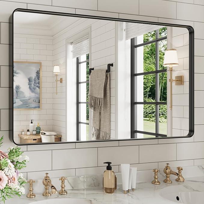 WEER Black Bathroom Mirror for Wall, 40X24 Inch Matte Black Mirror, Rectangular Black Metal Framed Vanity Mirror with Tempered Glass, Rounded Corner, Anti-Rust (Horizontal/Vertical) - ModernBath