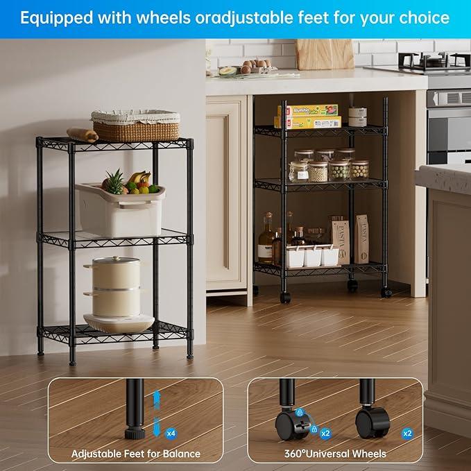 SINGAYE 3 Small Shelves Storage Shelf Wire Shelving Unit Metal Shelf Adjustable Organizers Storage Shelving with Wheels for Bathroom Laundry Room Kitchen Pantry11.5”D x 17.3”W x 30”H Black - ModernBath
