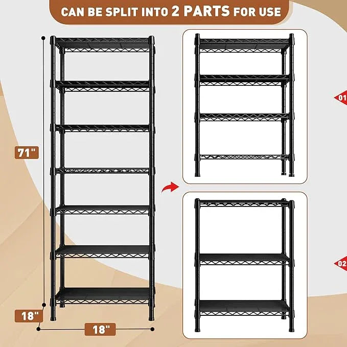 REIBII 7-Tier Metal Shelving Unit, 71’’H x 18’’W x 18’’D, 1176 LBS Weight Capacity, Adjustable Garage Shelving for Storage, Heavy Duty Shelves for Kitchen, Living Room, Bathroom etc. - ModernBath