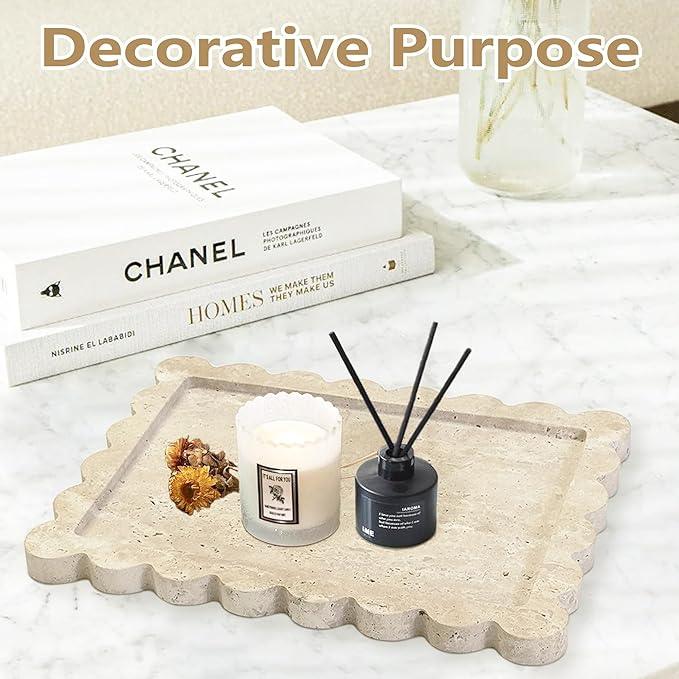Prolee Scalloped Marble Tray,Marble Vanity Trays for Bathroom 12" x 9", Scalloped Tray,Wave Appearance Jewelry Home Decor Stone Trays for Kitchen Counter, Bathroom, Beige Travertine - ModernBath