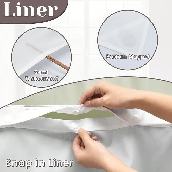 SORTTO No Hook Slub Textured Shower Curtain with Snap in Liner - Sage Green Fabric Outer Curtain & Waterproof Inner Liner, Hotel Style with See Through Top Window, 71x74 in - ModernBath